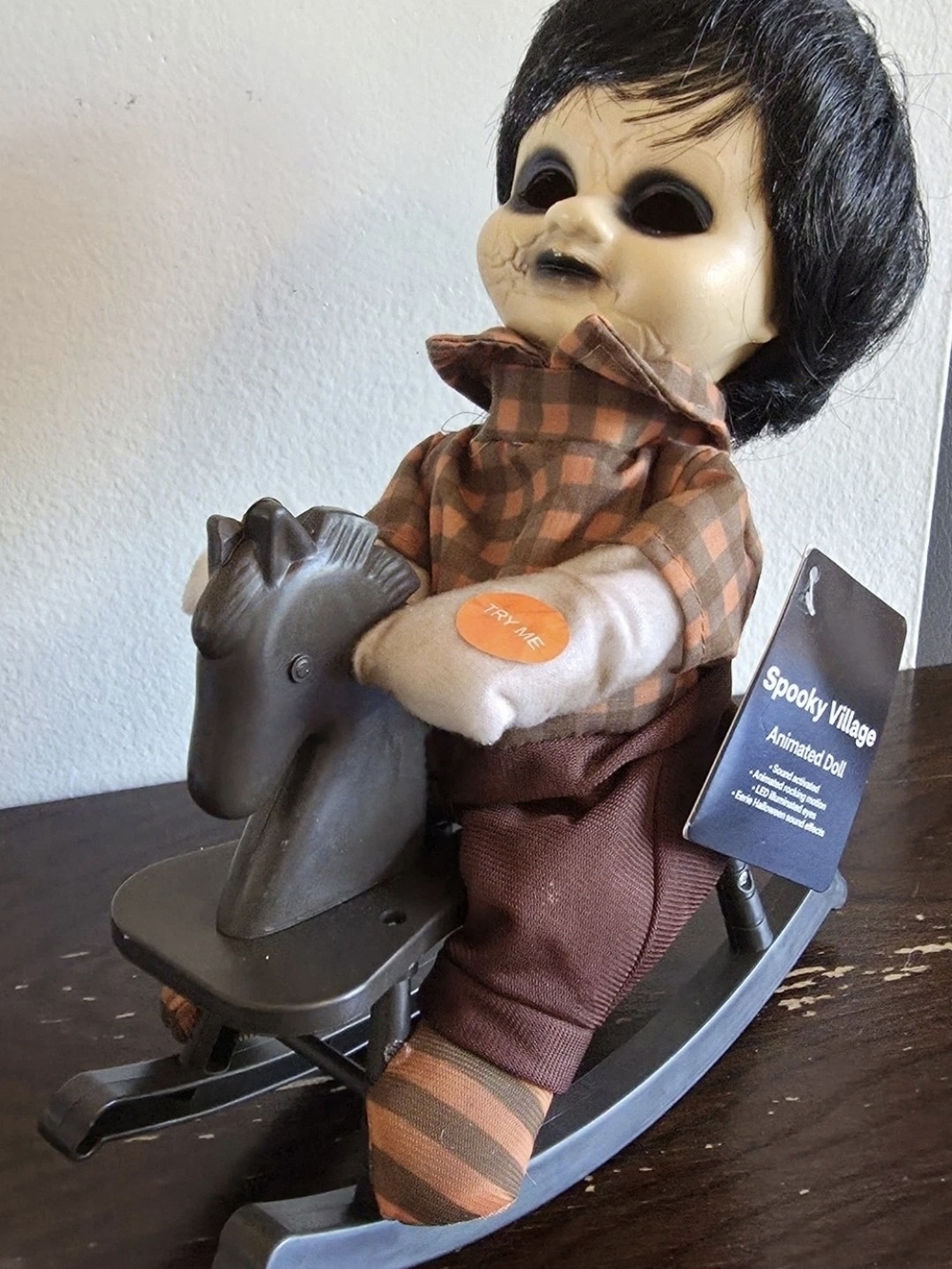 Animated Spooky Village Rocking Horse Doll - Brown Plaid Halloween. Works